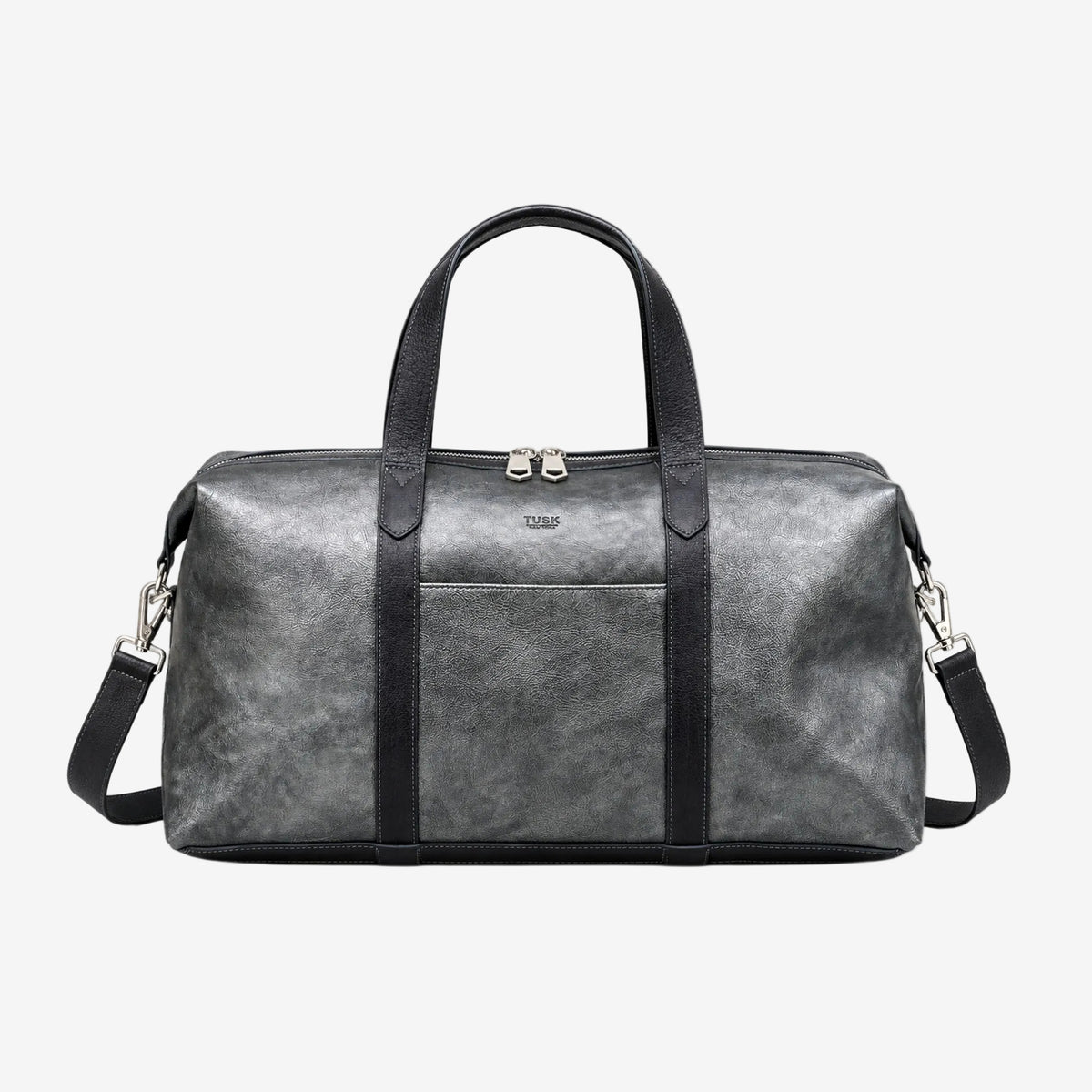 A gray distressed leather duffel bag with black handles, trim, and a detachable shoulder strap, featuring a front pocket and silver-tone hardware, shown against a plain white background - SILVER