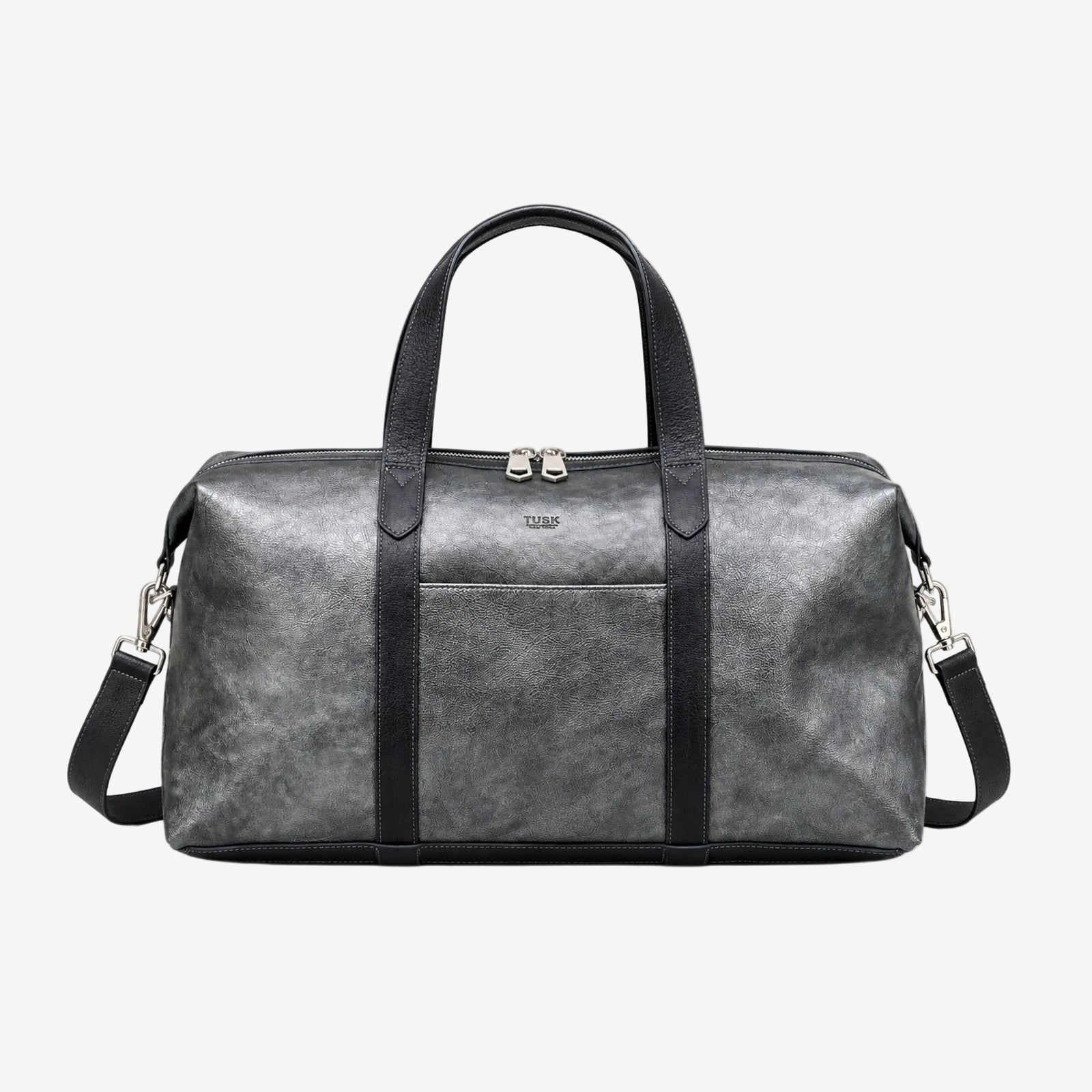 A gray distressed leather duffel bag with black handles, trim, and a detachable shoulder strap, featuring a front pocket and silver-tone hardware, shown against a plain white background - SILVER