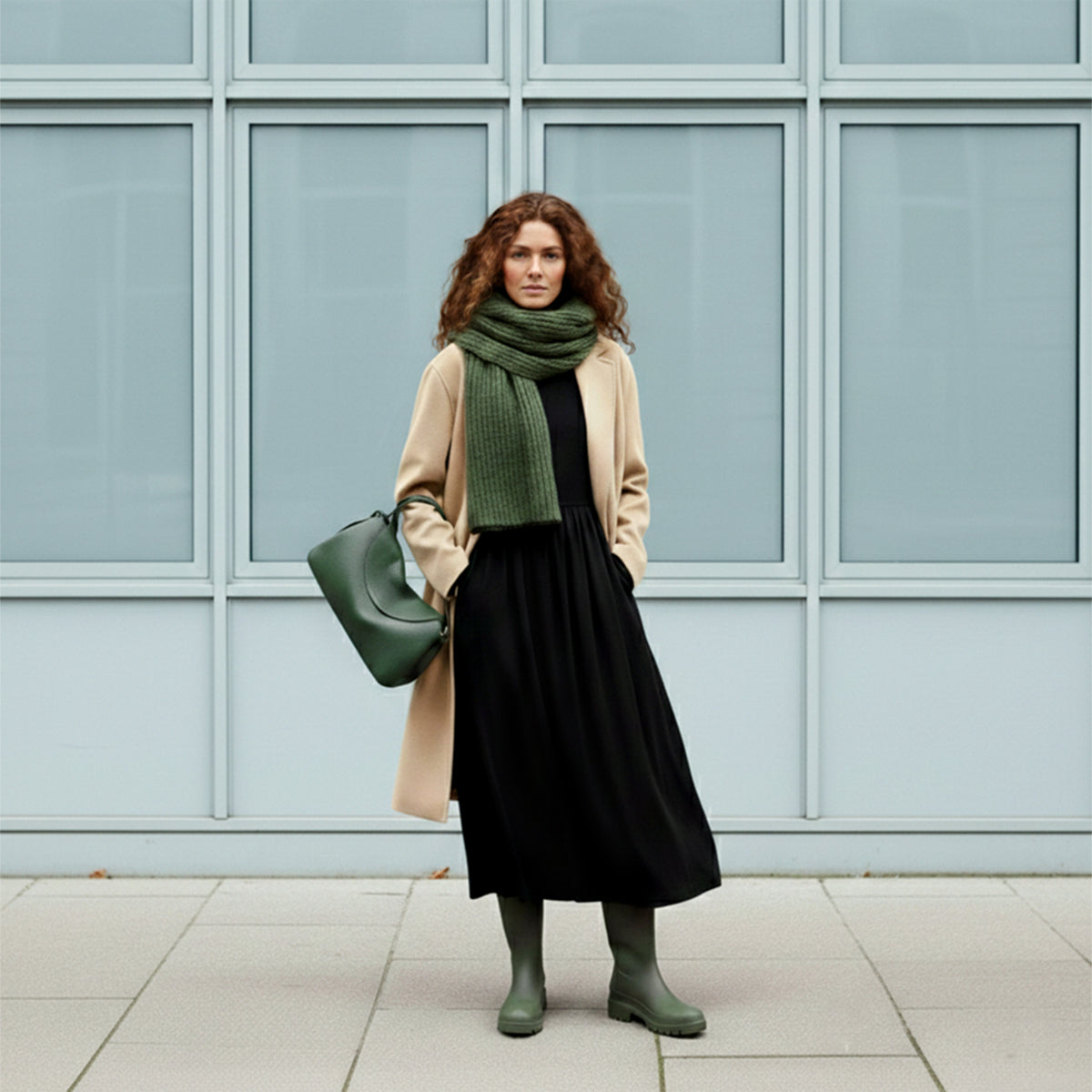 Woman wearing a beige coat, black dress, green scarf, and green rain boots standing against a light blue wall - FOREST