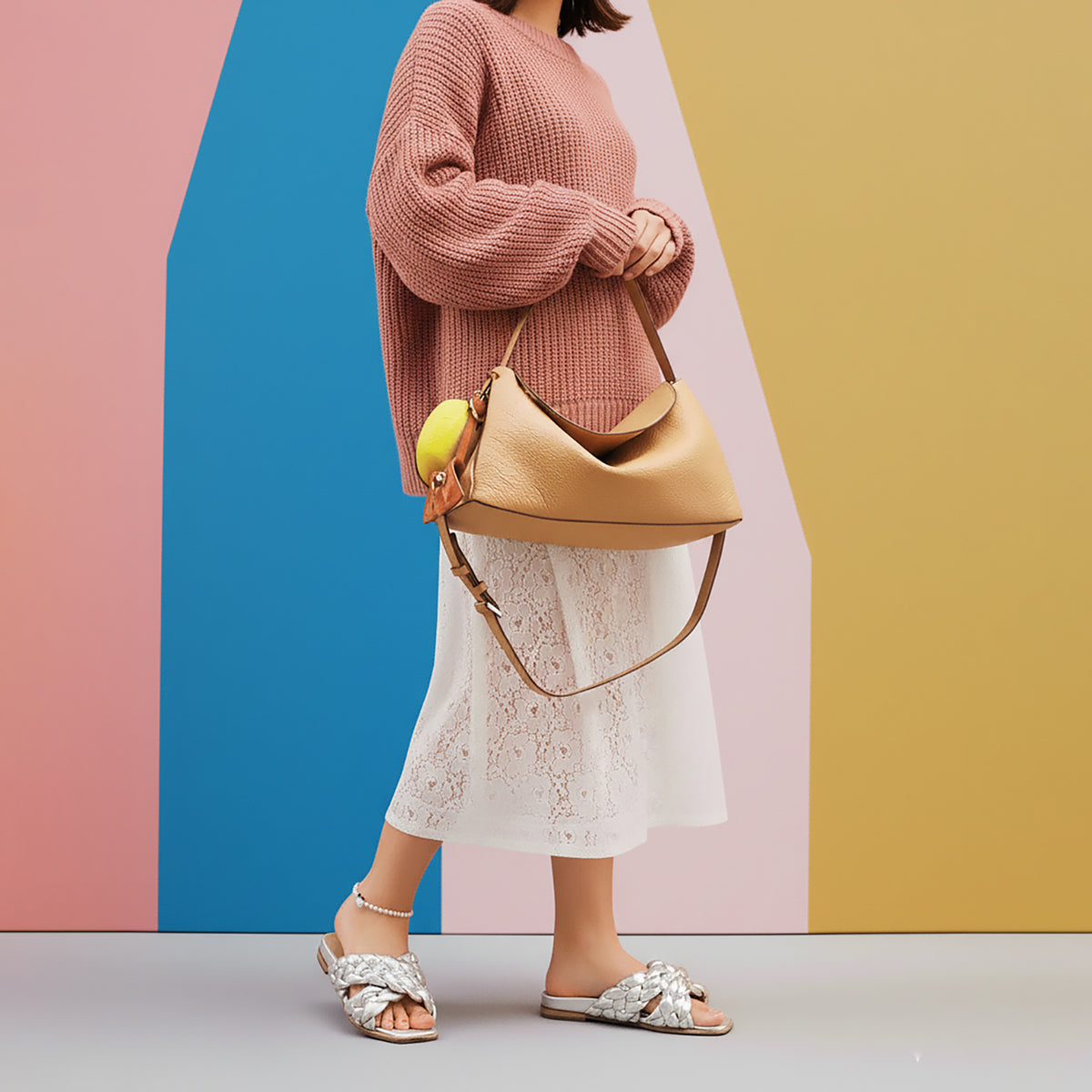 Person wearing a pink sweater and white lace skirt with a beige handbag against a colorful geometric background - SAND