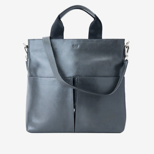 A dark gray leather tote bag with top handles and a shoulder strap, shown against a plain white background - CHARCOAL