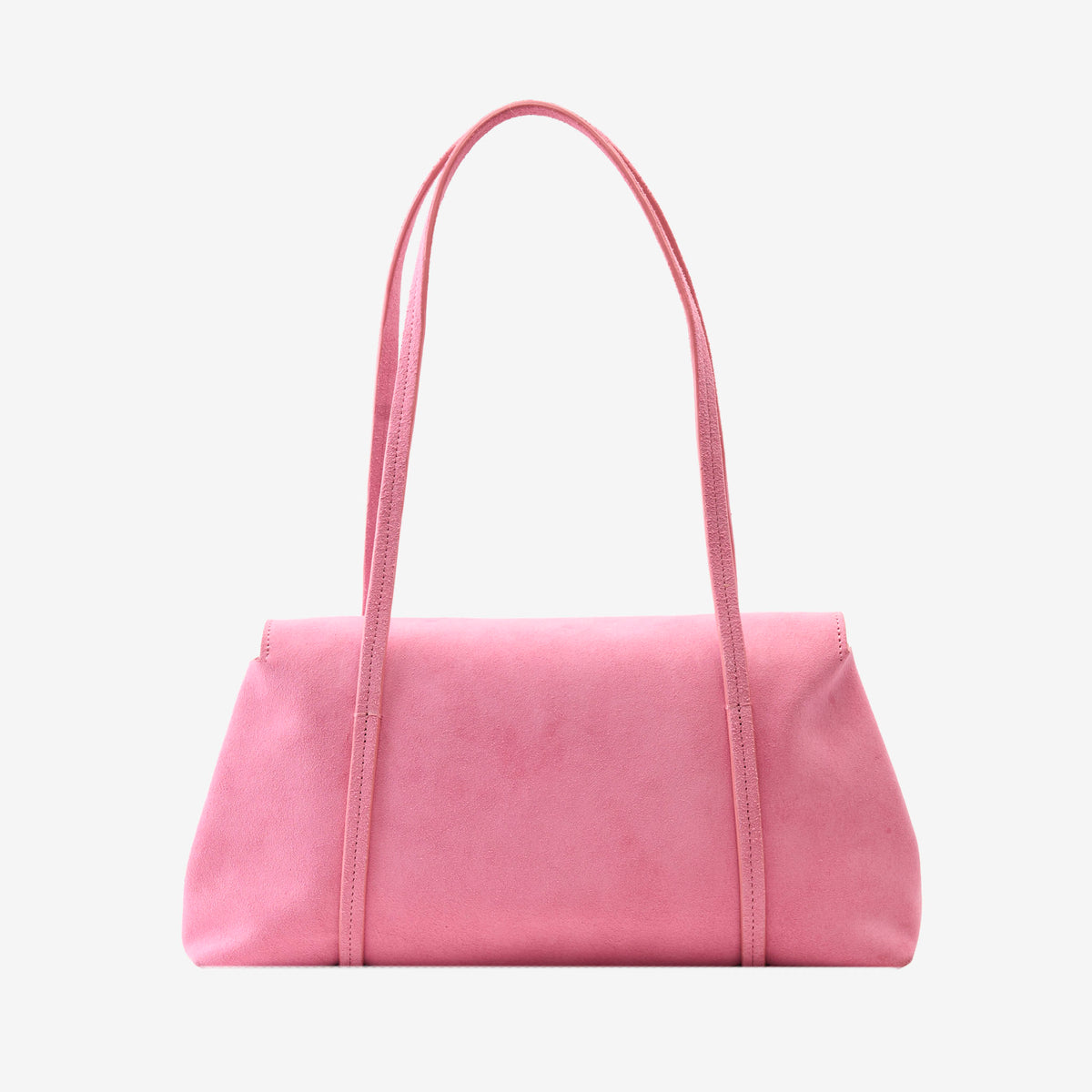 Back view of the blush pink Italian suede Vienatta | Jyoti shoulder bag, showcasing its clean rear silhouette, soft suede texture, and thin double shoulder straps, set against a plain light gray background - BLUSH