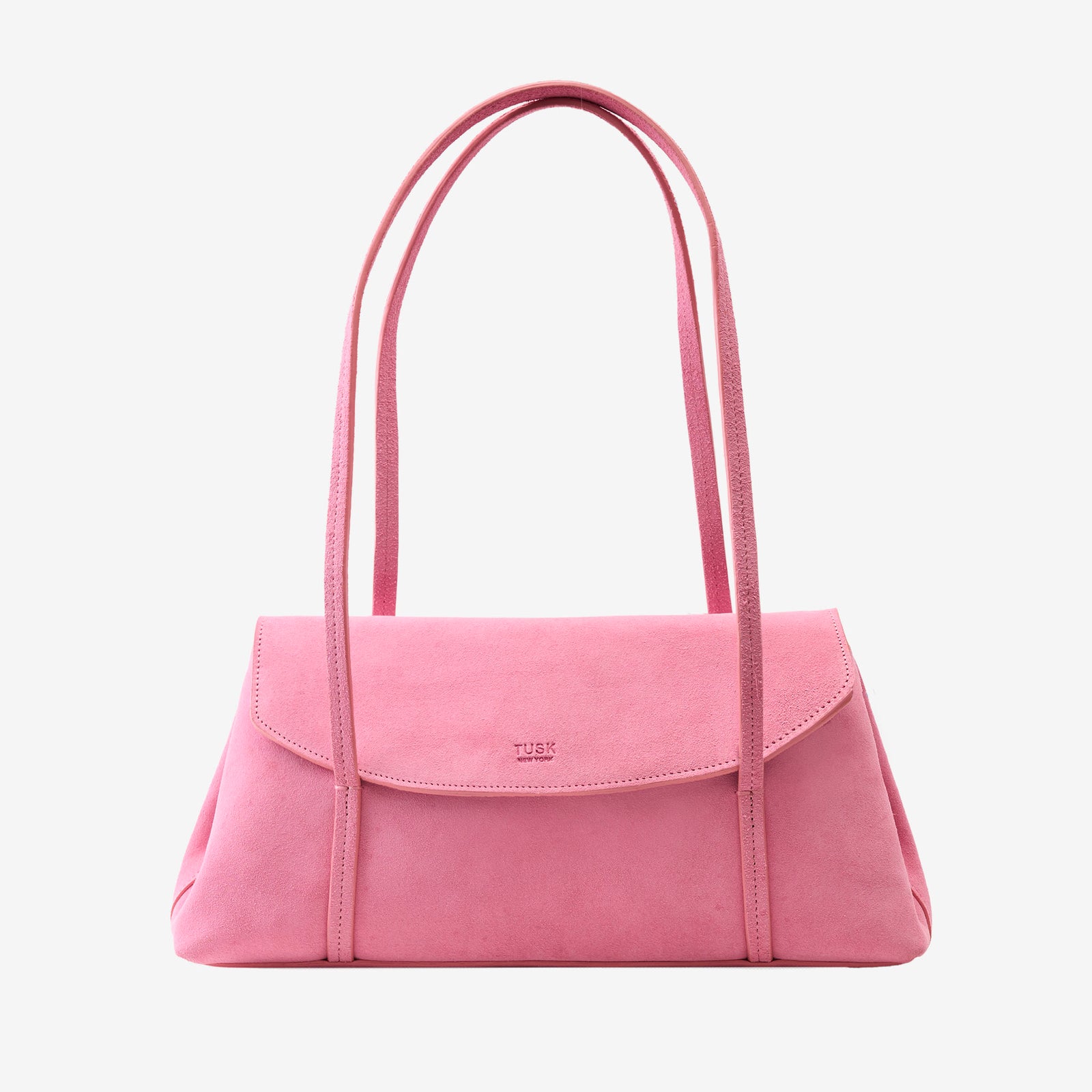 Blush pink Italian suede shoulder bag (Vienatta | Jyoti Shoulder Bag) featuring a envelope-style front flap with thin double shoulder straps, shown on a plain light gray background - BLUSH