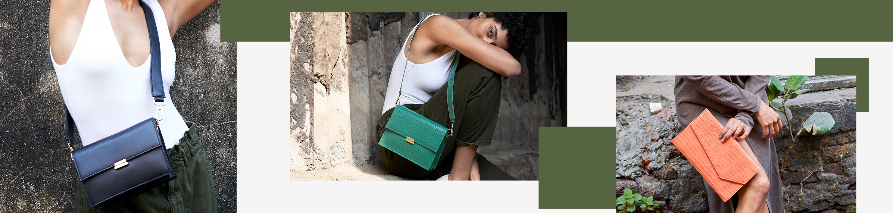 Three-panel collage of models with black, green and orange crossbody bags in urban settings