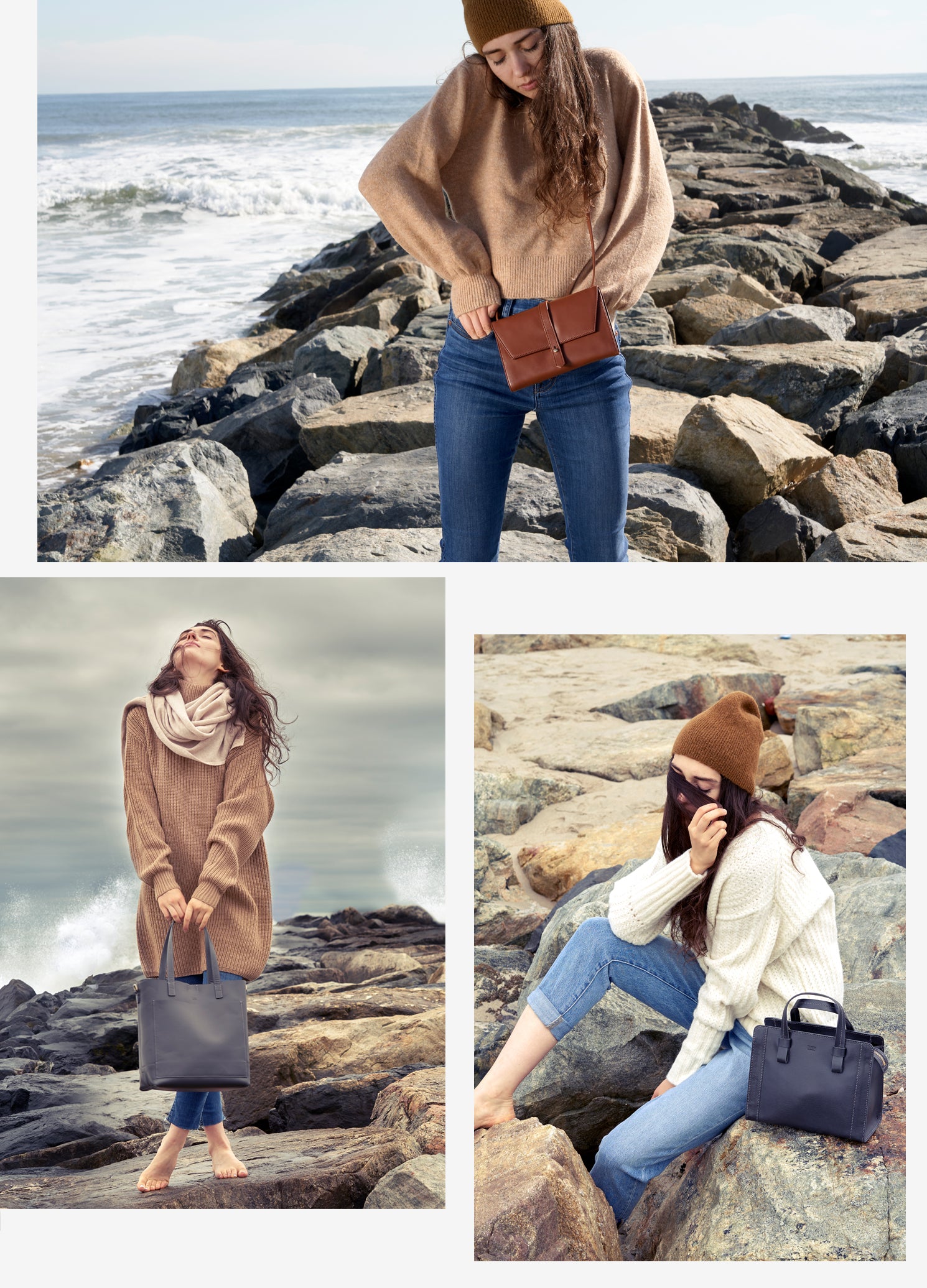 Collage of a woman in different poses by the sea, each showcasing a stylish bag in grey, brown and black