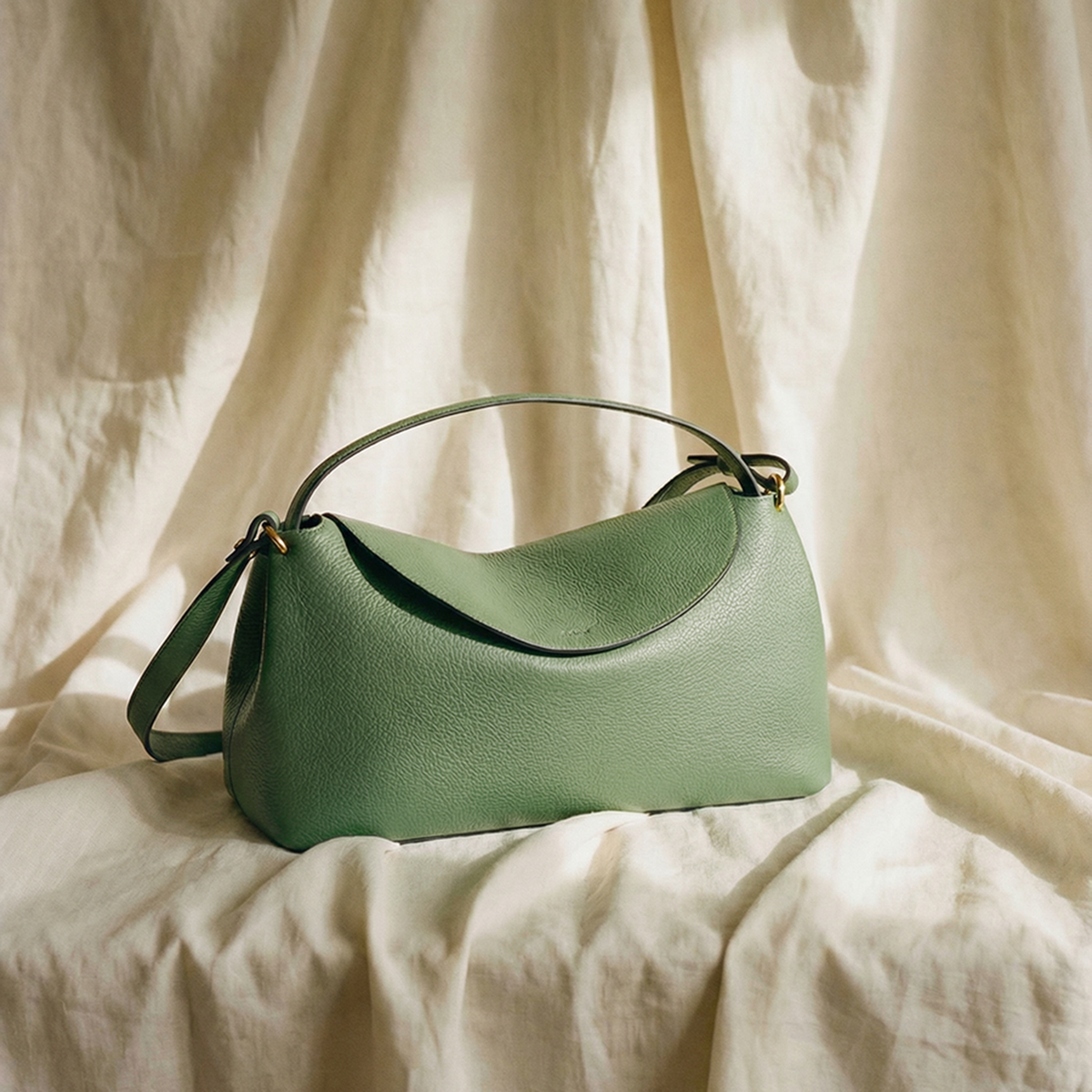 Green handbag on a light beige fabric background - SAGE