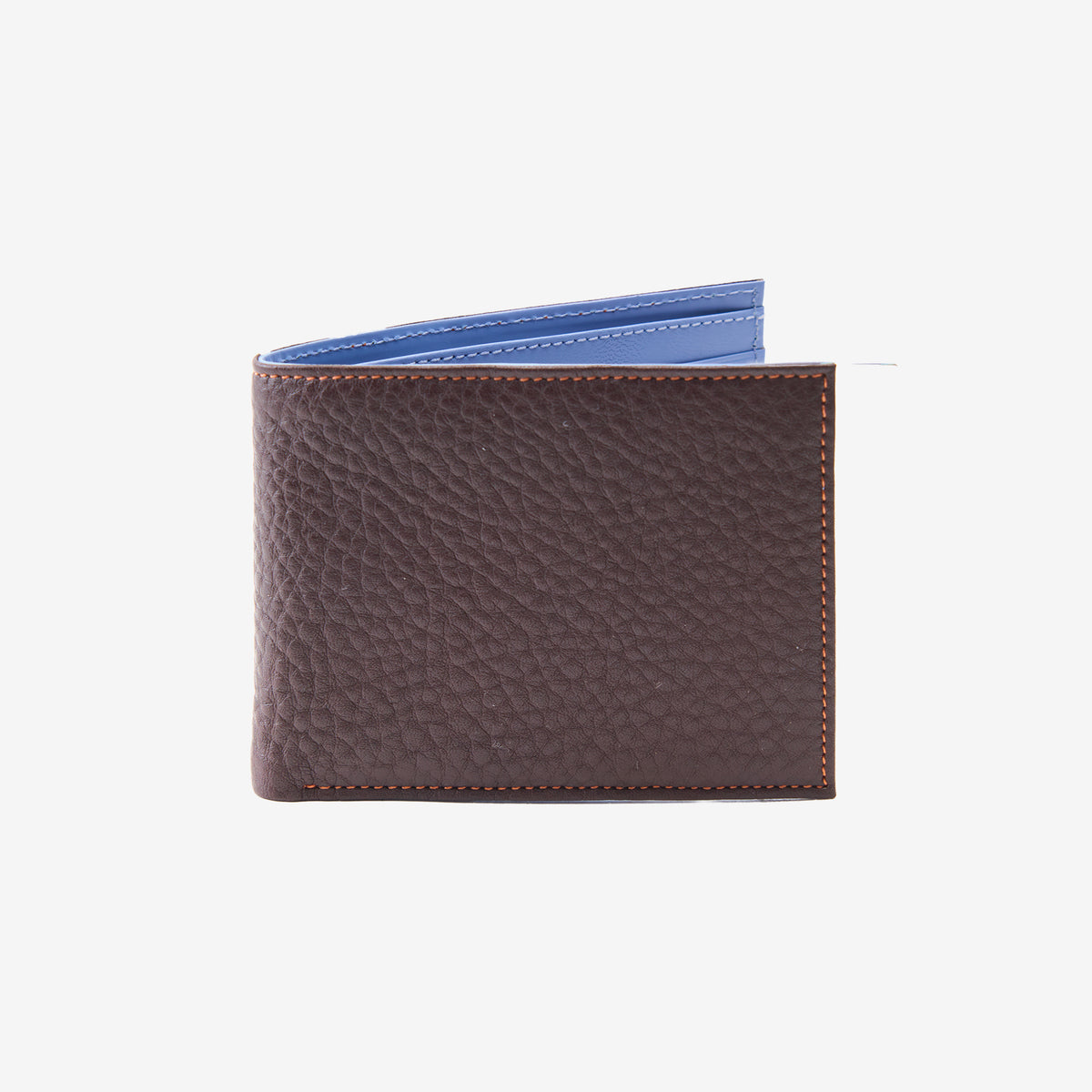 Tusk 104 Amsterdam men's leather billfold wallet, chocolate with blue interior, front view - CHOCOLATE