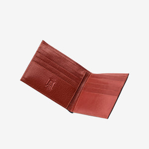 Brown leather wallet interior with a visible brand logo on a light gray background - NAVY/CHOCOLATE