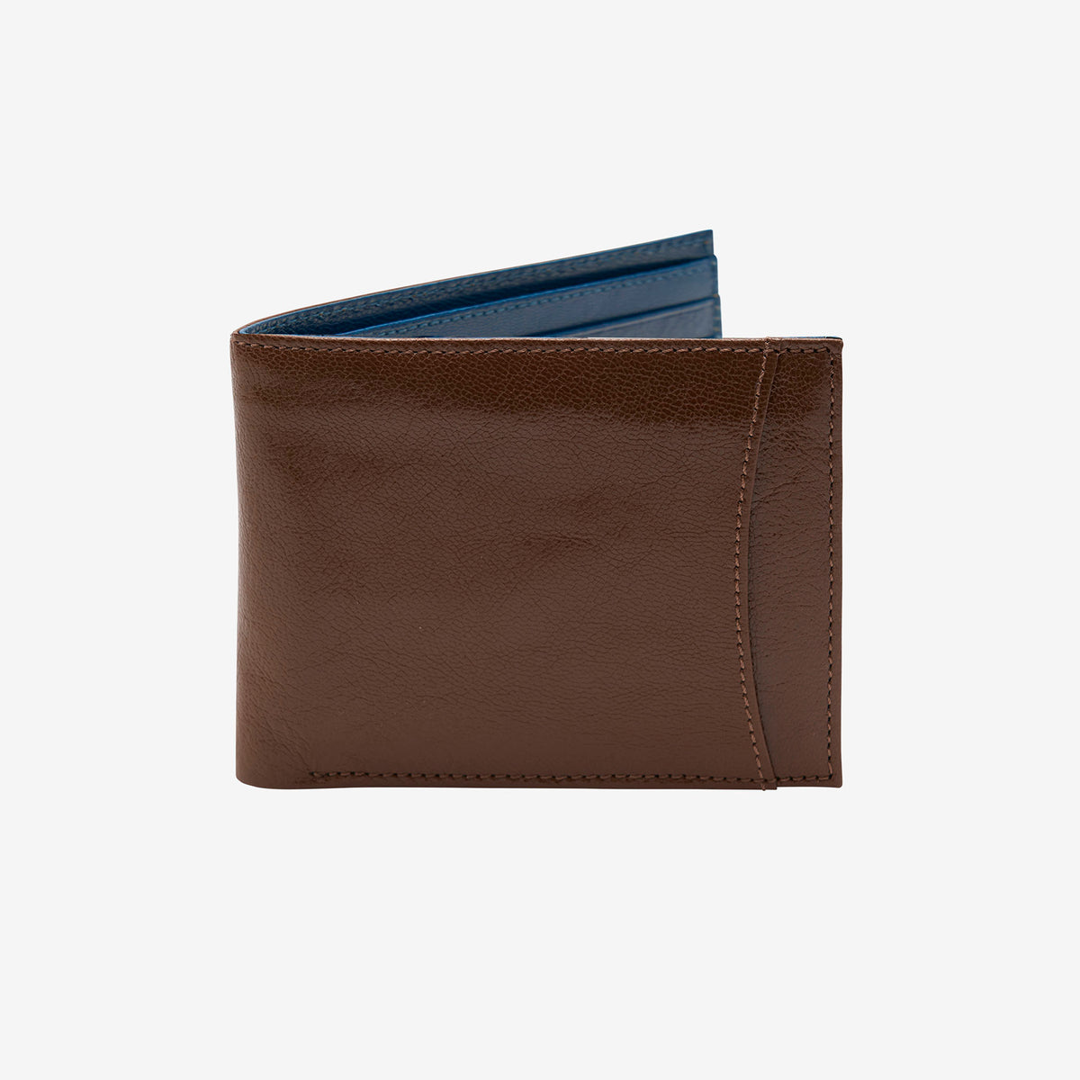 Tusk Leonardo men's leather billfold wallet with slide pocket in chocolate brown glazed Italian kidskin, featuring an exterior card slot and a glimpse of the contrasting blue leather interior on a white background - CHOCOLATE/BLUE
