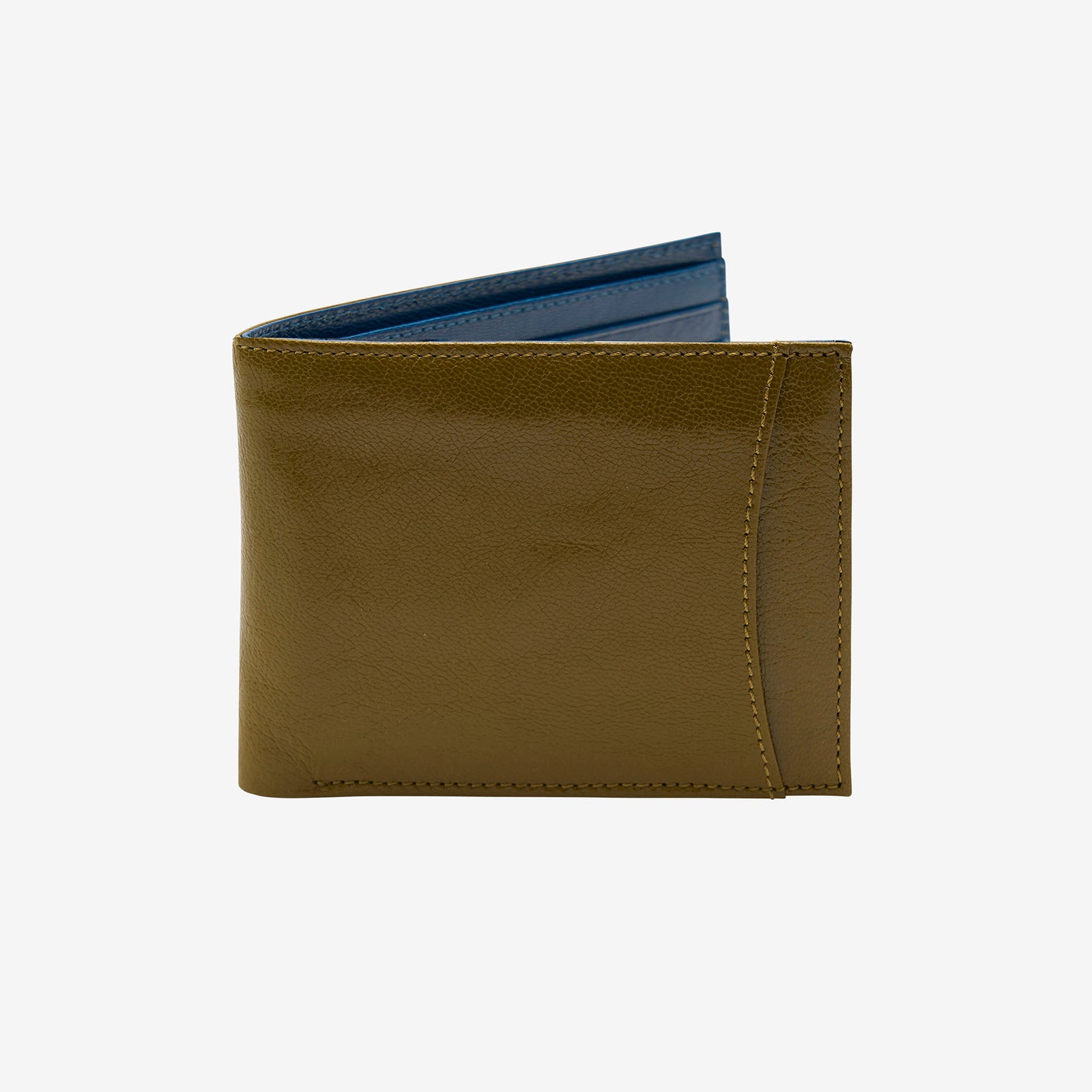 tusk 108 mens leather billfold with slide pocket olive and blue front - OLIVE/BLUE