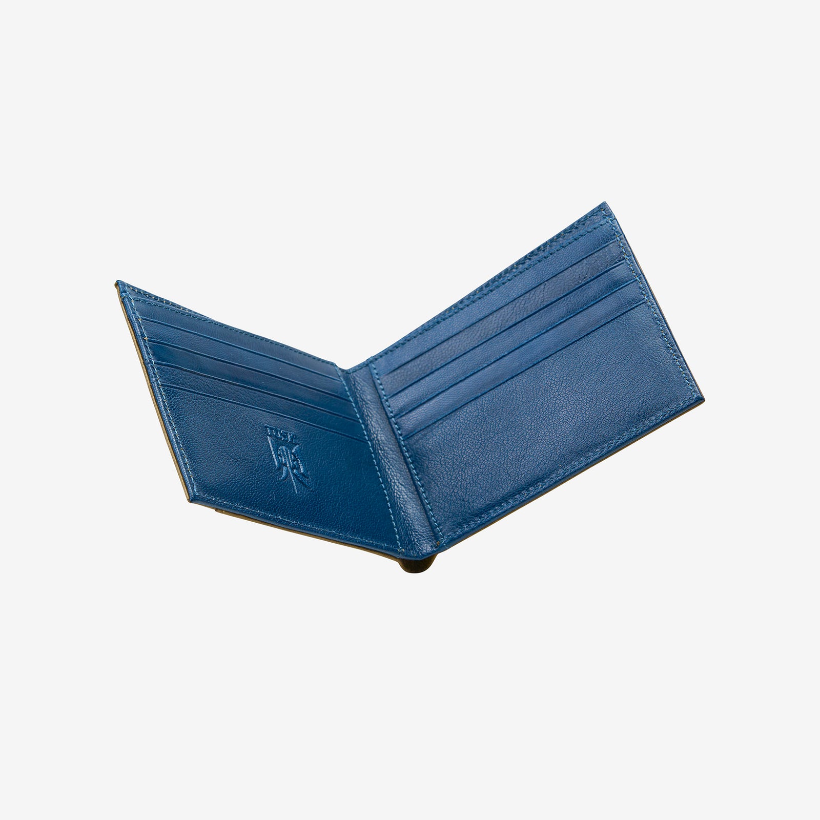 tusk 108 mens leather billfold with slide pocket olive and blue front - OLIVE/BLUE