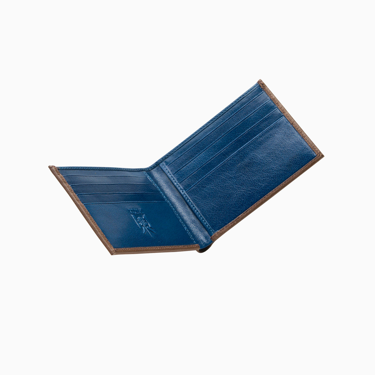 Open blue leather wallet on a white background - BROWN/BLUE