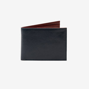 Front view of the men's Leonardo compact billfold wallet in navy blue leather with a contrast interior - NAVY/CHOCOLATE