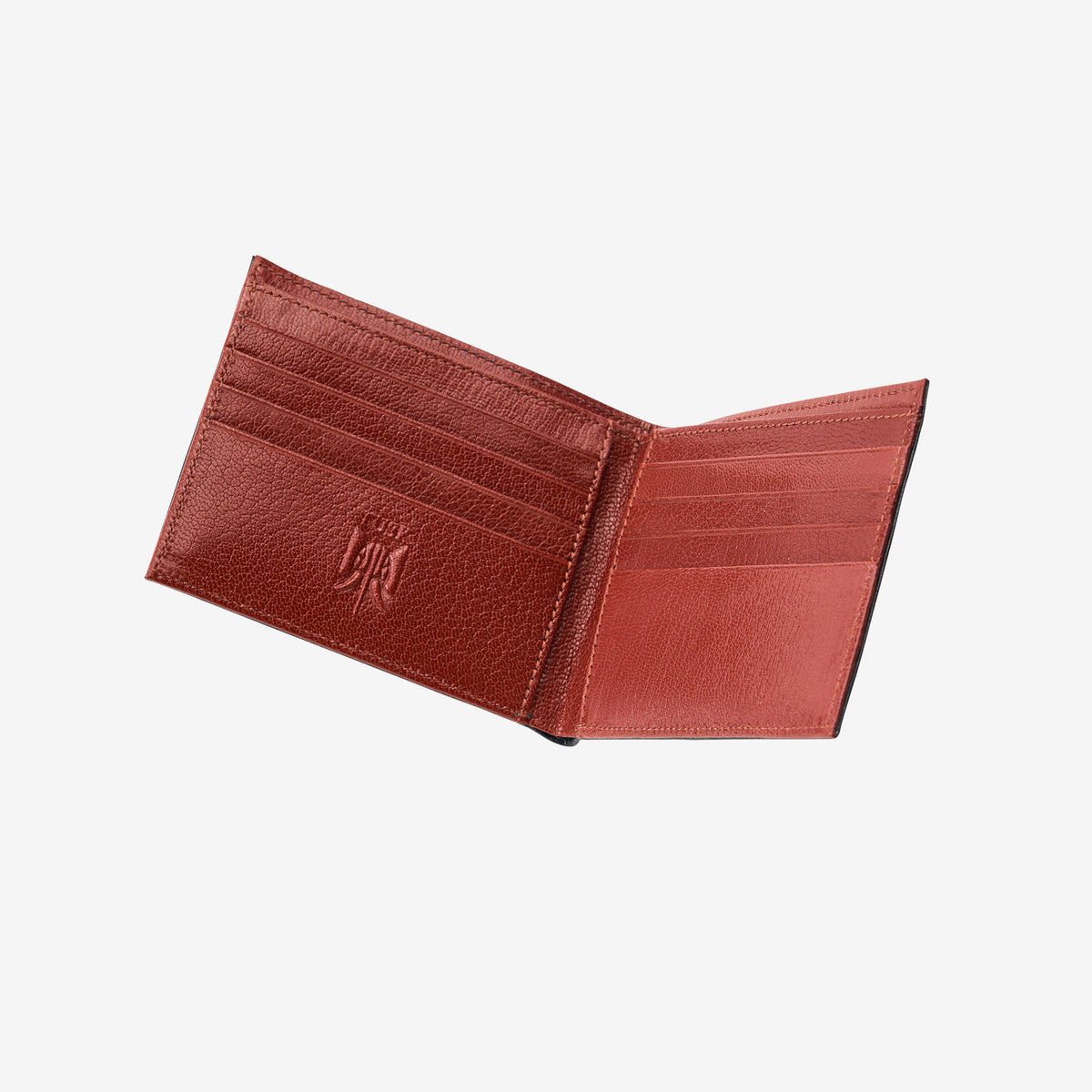 Open interior view of the men's navy blue Leonardo billfold wallet showing the reddish-brown contrast card slots - NAVY/CHOCOLATE