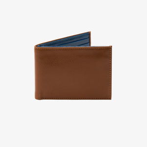 Brown leather wallet with blue interior on a white background - TAN/BLUE