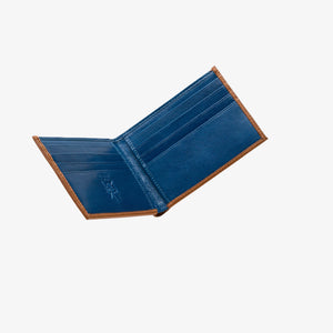 Blue leather wallet with brown trim on a white background - TAN/BLUE