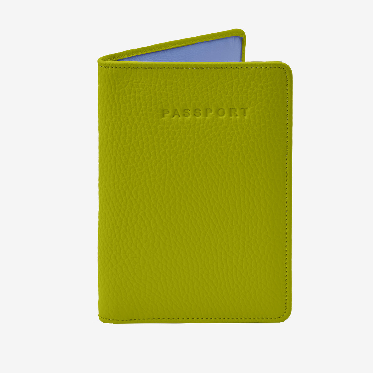 Tusk 128 Ascot Passport Wallet in avocado Italian pebble-grain cowhide leather. Front view with matching stitching - AVOCADO