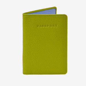 Tusk 128 Ascot Passport Wallet in avocado Italian pebble-grain cowhide leather. Front view with matching stitching - AVOCADO