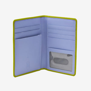 Tusk 128 Ascot Passport Wallet in avocado Italian pebble-grain cowhide leather. Open view showing card slots, ID window and the original lavender-blue interior - AVOCADO