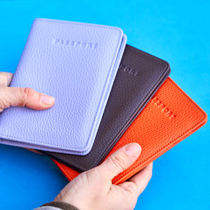 tusk 128 unisex pebble grain leather passport wallet lavender espresso orange model 01- LAVENDER -ESPRESSO - ORANGE