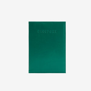 A dark green passport cover or sleeve with the word 'PASSPORT' embossed on the front, shown centered against a plain white background - EMERALD/GERANIUM