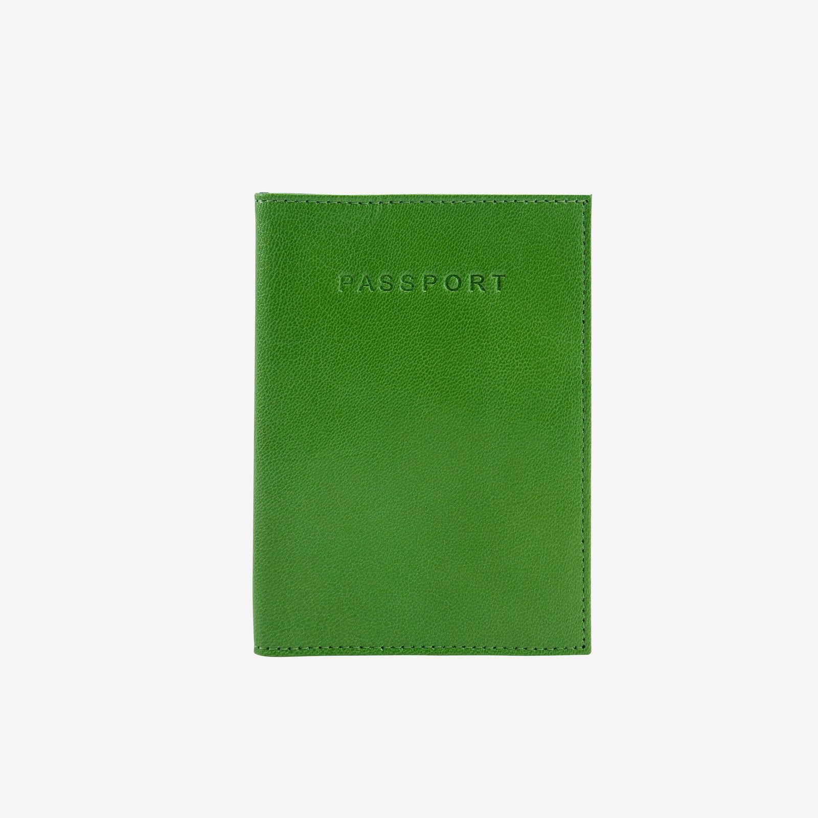 Green passport holder with 'PASSPORT' text on a white background -GRASS/INDIGO
