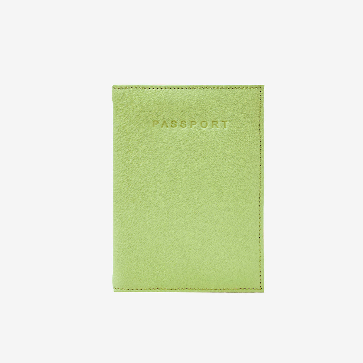 Lime green leather passport cover with visible perimeter stitching, featuring the word 'PASSPORT' subtly embossed in the upper-center front, isolated on a solid white background - LIME/ORANGE
