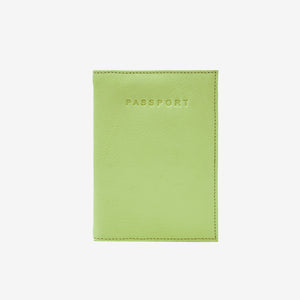 Lime green leather passport cover with visible perimeter stitching, featuring the word 'PASSPORT' subtly embossed in the upper-center front, isolated on a solid white background - LIME/ORANGE