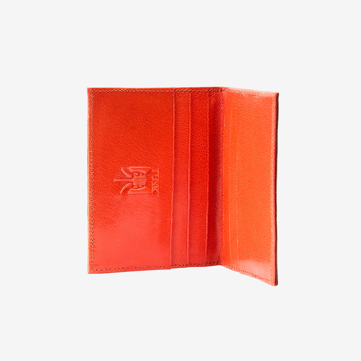 Orange leather wallet interior with a brand logo on a white background - CHOCOLATE/ORANGE