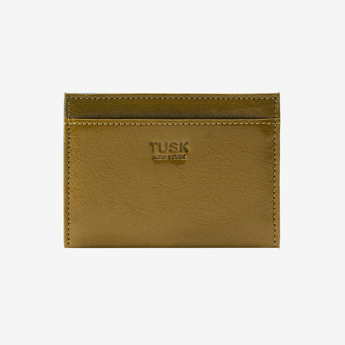 Olive leather cardholder with 'Tusk New York' branding on a white background - OLIVE/BLUE