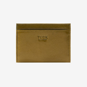 Olive leather cardholder with 'Tusk New York' branding on a white background - OLIVE/BLUE