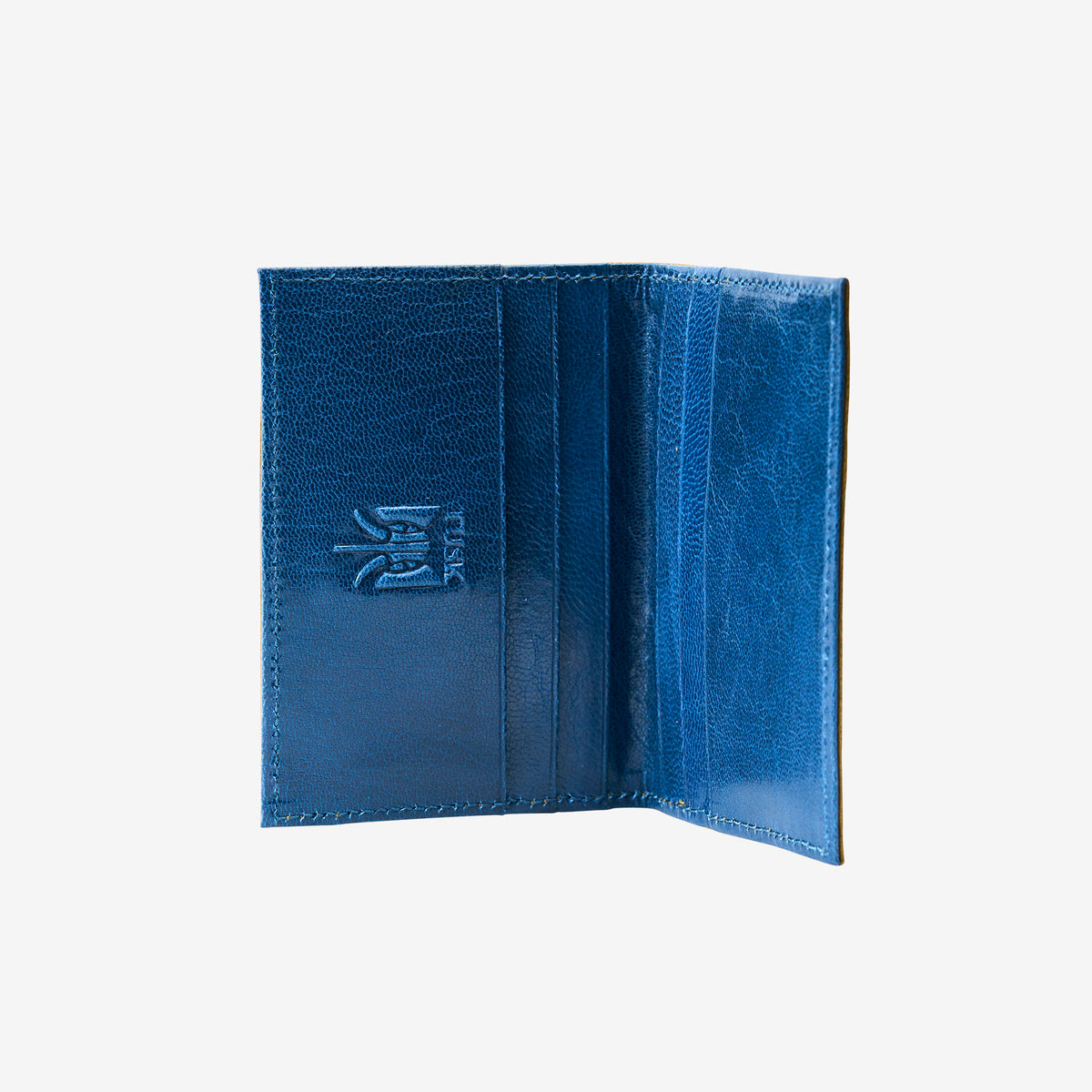 Blue leather wallet interior with a brand logo on a white background - OLIVE/BLUE