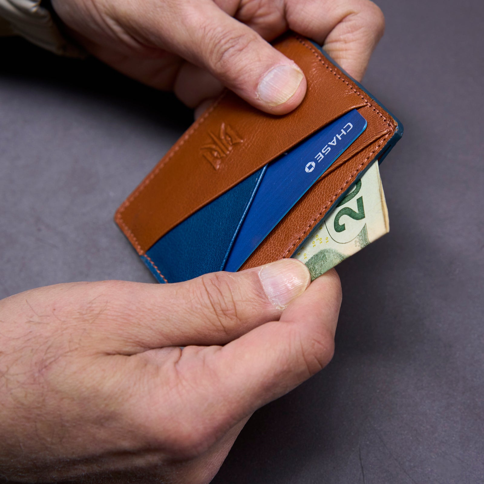 tusk 189 mens leather card case tan front - TAN