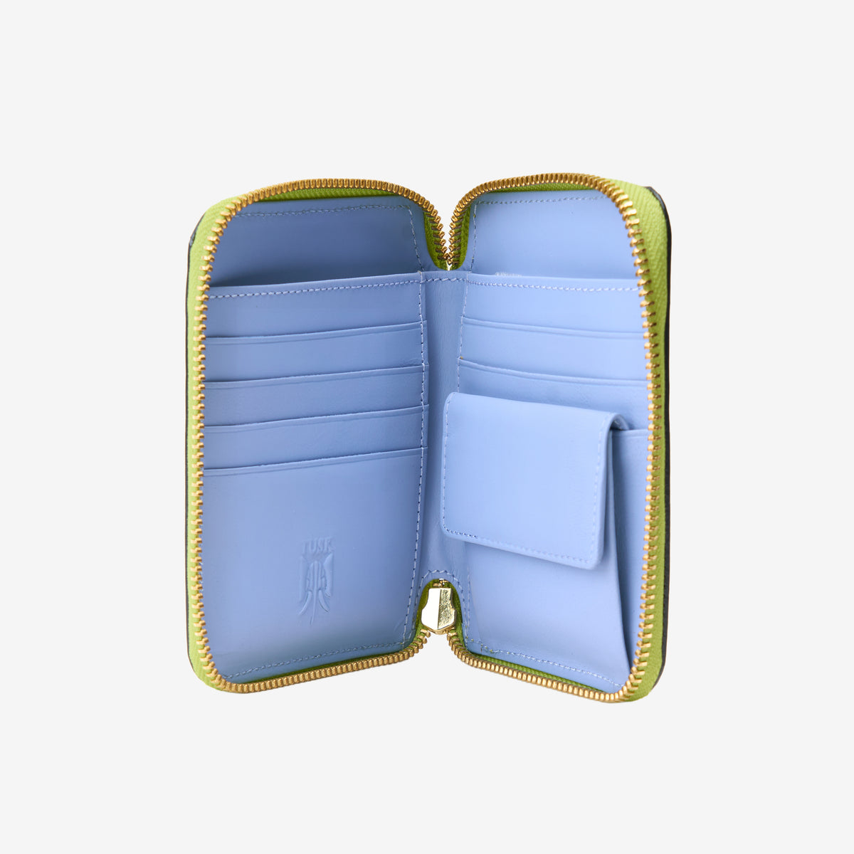 Tusk Lille medium leather zip-around wallet, open view - AVOCADO