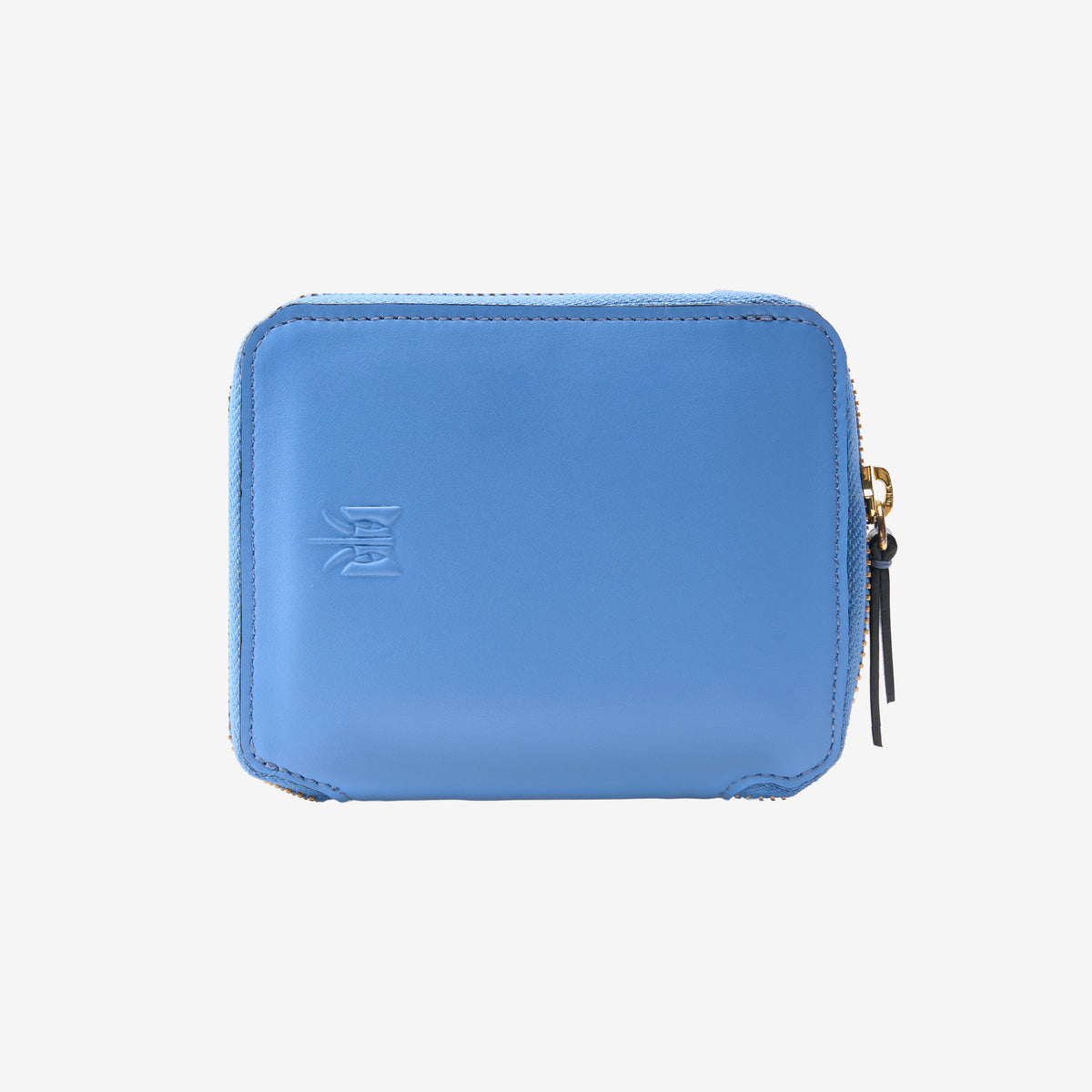 A light blue leather zip-around wallet with a debossed logo on the front and a gold-tone zipper pull, shown against a plain white background - FRENCH BLUE