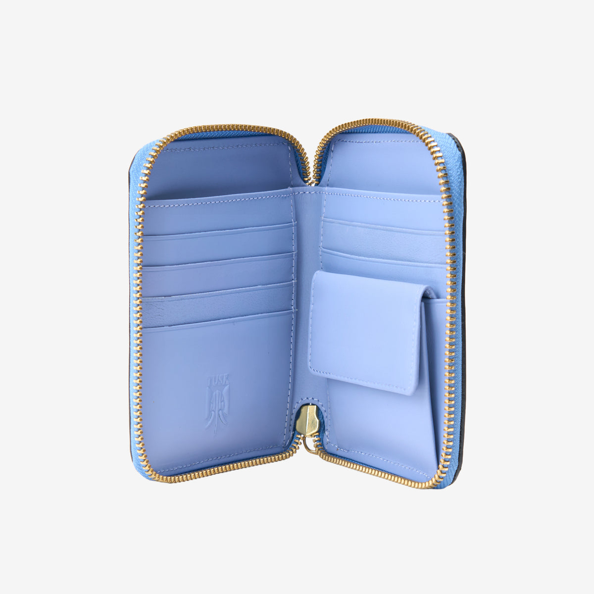 Tusk Lille medium leather zip-around wallet, open view - FRENCH BLUE
