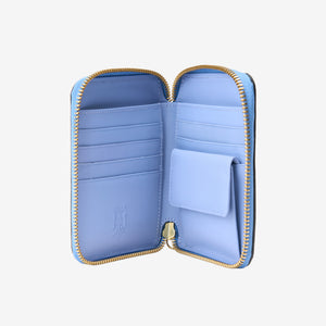 Tusk Lille medium leather zip-around wallet, open view - FRENCH BLUE