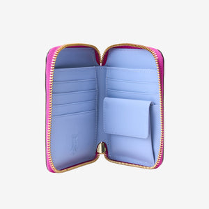 Tusk Lille medium leather zip-around wallet, open view - MAGENTA