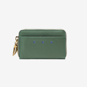 Green wallet with gold zipper on a light gray background - FOREST