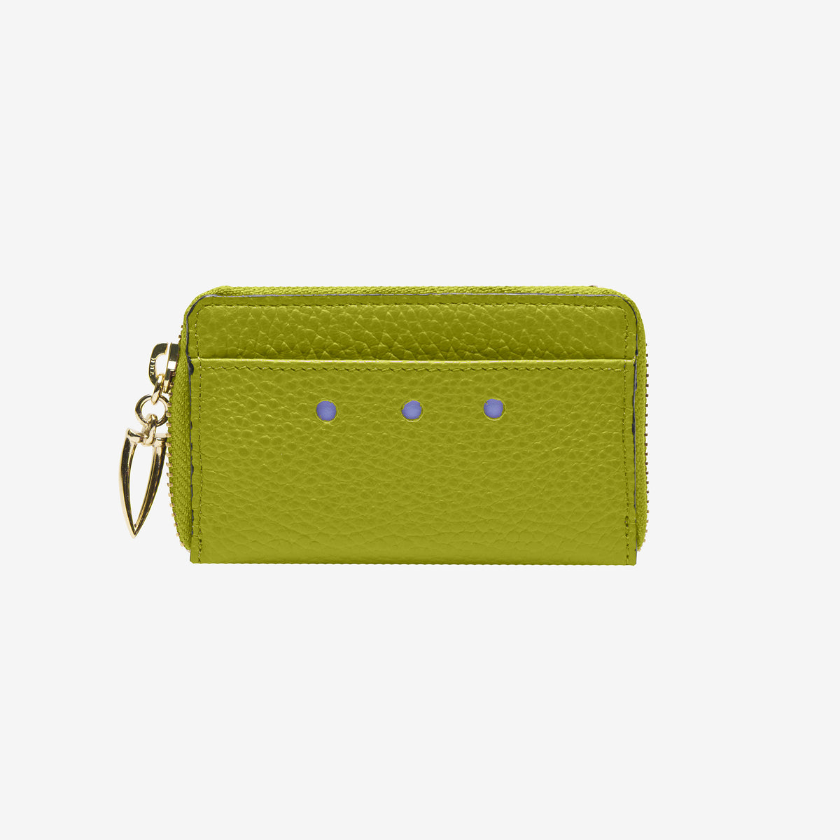 Front view of the Tusk Ascot Italian pebble grain leather coin and card case with key ring - AVOCADO