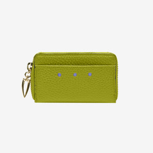 Front view of the Tusk Ascot Italian pebble grain leather coin and card case with key ring - AVOCADO