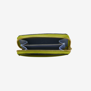 Open view of the Tusk Ascot Italian pebble grain leather coin and card case showing the interior - AVOCADO