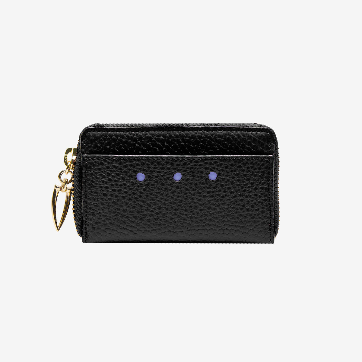 Tusk 322 Ascot Coin and Card Case in black Italian pebble-grain cowhide leather. Front view with key ring and gold hardware - BLACK