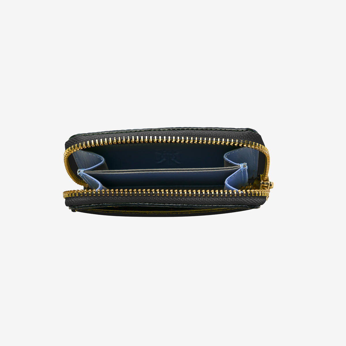 Tusk 322 Ascot Coin and Card Case in black Italian pebble-grain cowhide leather. Open view showing the original blue interior and gold zipper - BLACK