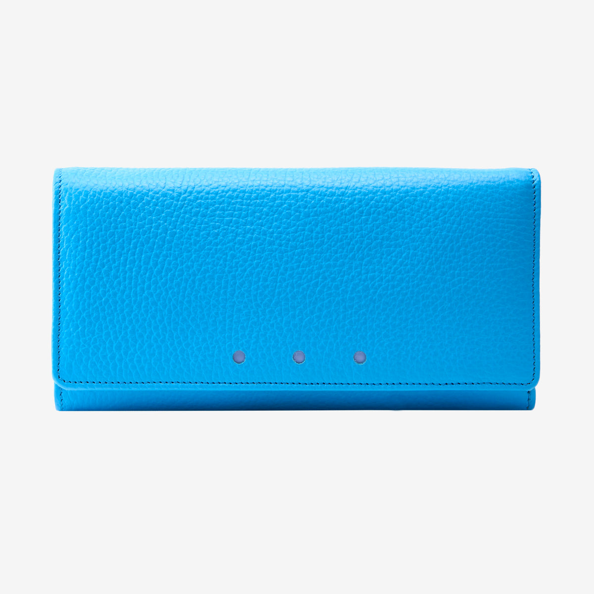 A bright blue pebbled leather wallet shown flat against a light gray background - AZURE