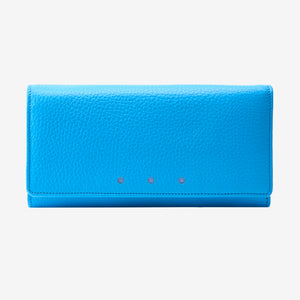 A bright blue pebbled leather wallet shown flat against a light gray background - AZURE
