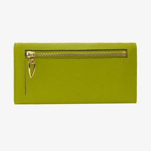 Tusk 376 Ascot Flap Over Wallet in avocado Italian pebble-grain cowhide leather. Back view showing the gold zipper and matching stitching - AVOCADO
