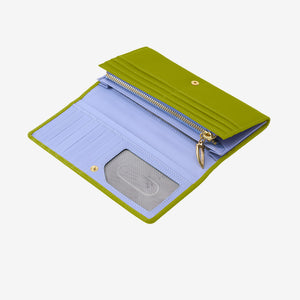 Tusk 376 Ascot Flap Over Wallet in avocado Italian pebble-grain cowhide leather. Open view showing card slots, ID window and the original lavender-blue interior - AVOCADO