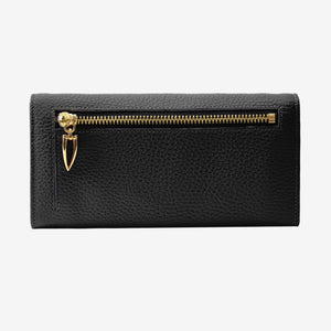 Tusk 376 Ascot Flap Over Wallet in black Italian pebble-grain cowhide leather. Back view showing the gold zipper and matching stitching - BLACK