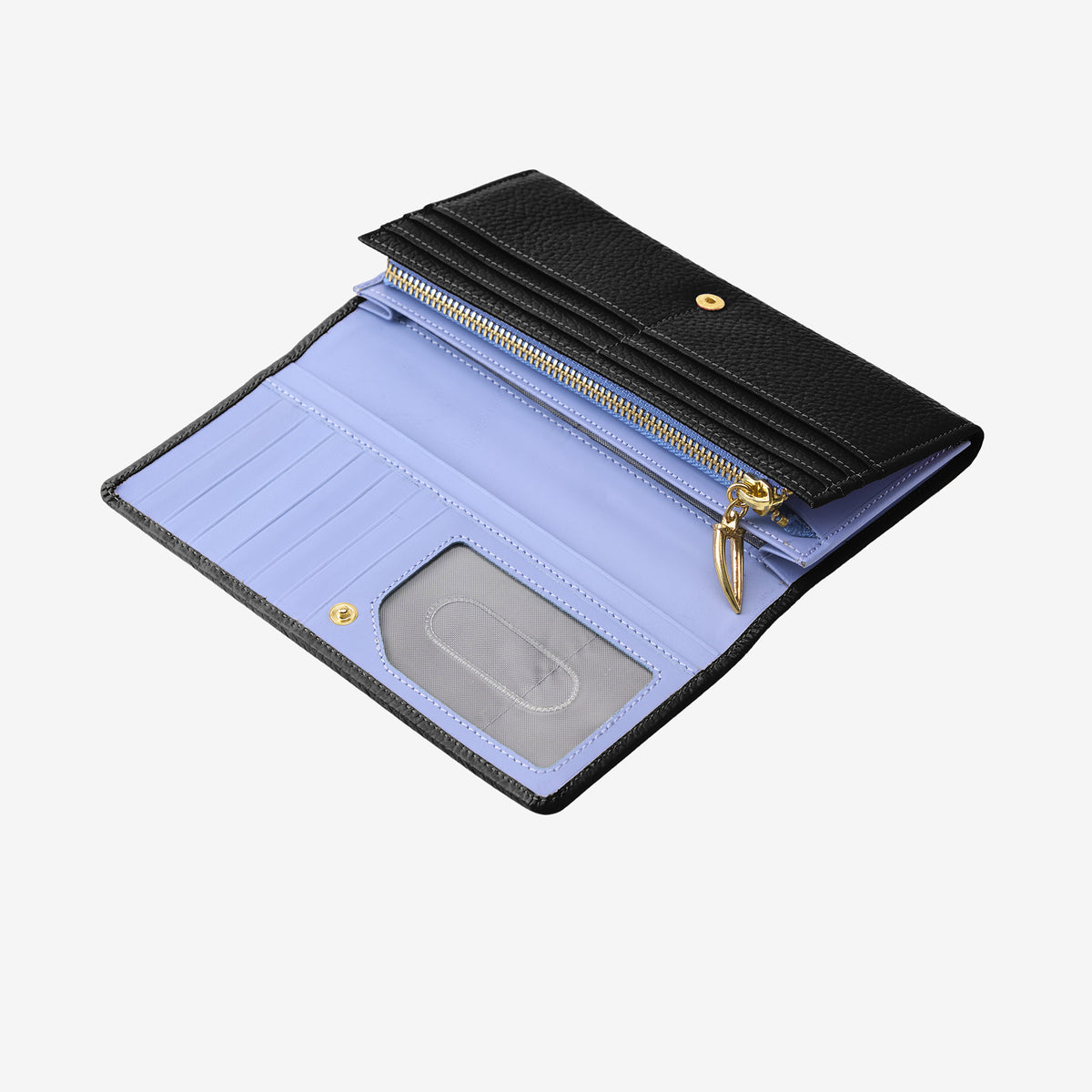 Tusk 376 Ascot Flap Over Wallet in black Italian pebble-grain cowhide leather. Open view showing card slots, ID window and the original lavender-blue interior - BLACK